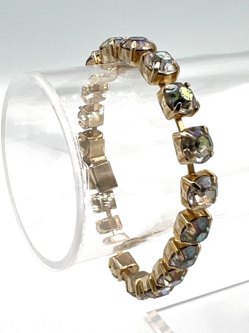 Vintage Aurora Borealis Rhinestone Tennis Bracelet Gold Tone AB Crystal 7.25”